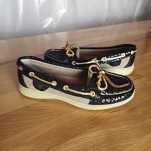 SPERRY TOP SIDER Loafers Boat Shoes Women 6M Black Leather Metallic Leopard